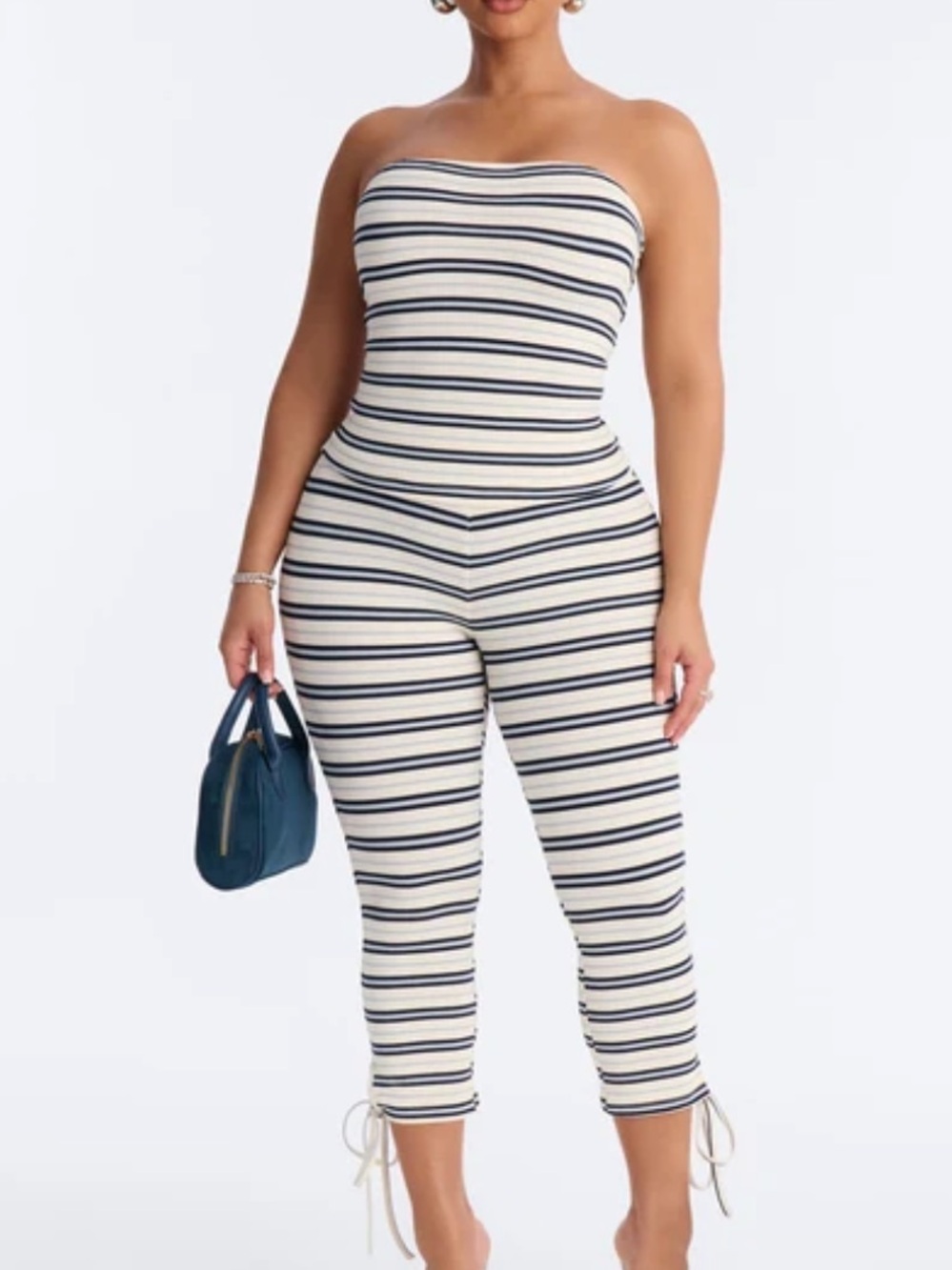 Fashion Nova Cream & Navy Striped Strapless Capri 2 Piece Set